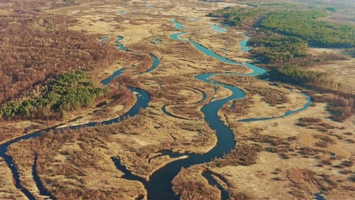 Aerial View Curved River In Early Spring Landscape