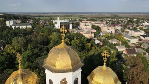 Aerial Shot The City Ostroh. Ostorg Castle. Theological Cathedral. Ukraine