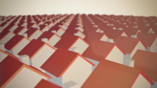 Muchas casas con techos rojos que se fusionan lentamente entre sí. Animación 3D.