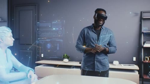Man in Cyberspace of Meta Universe Discussing Architectural Project