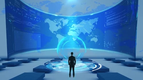 Futuristic Virtual Data Display with World Map and HUD Interface