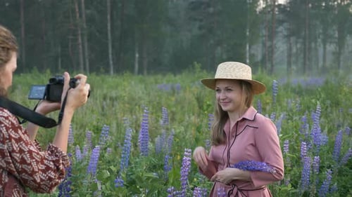 Woman Takes Picture of Friend with Lupin Flowers on Meadow