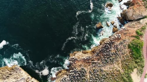 Waves Crashing on Rocky Coastline from Above
