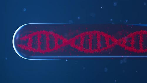 Isolated glass test tube with blood and rotating DNA double helix loop animation
