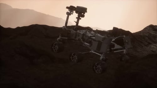 Mars Rover Exploring Rocky Alien Landscape