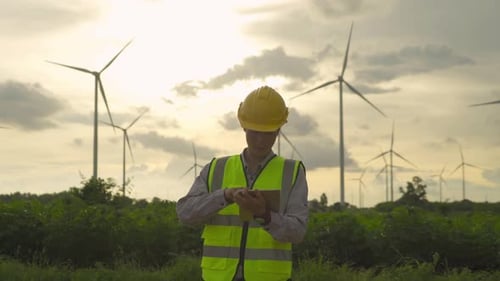Portrait of Asian windmill engineer man, worker working, using a tablet device on site at wind