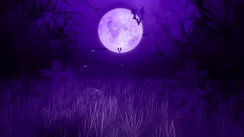 Spooky Graveyard Halloween Background with Flying Bats and Purple Moon