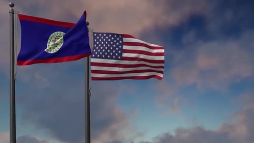 Belize-Flagge weht zusammen mit der Nationalflagge der USA - 2K