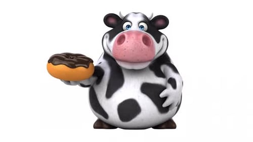 Animated 3D Cartoon Cow Holding Donut and Pointing Finger