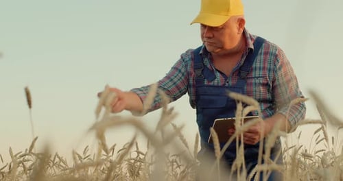 Farmer Using Tablet Inspecting Wheat Crop