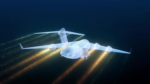 Futuristic Holographic Military Transport Aircraft Blueprint Animation