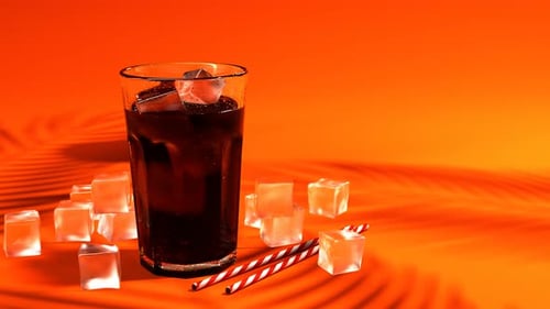 Ein Glas eiskalte Cola. Soda mit Eiswürfeln und Strohhalmen. Erfrischung im Sommer.