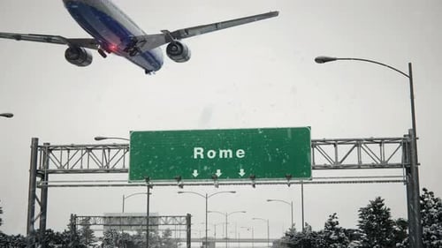 Airplane Flying Over Rome Highway Sign in Snow