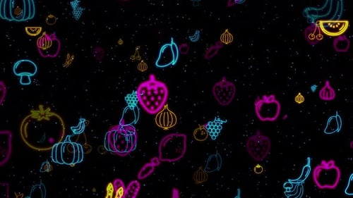 Vibrant Neon Fruit and Vegetable Icons Flowing Background Loop