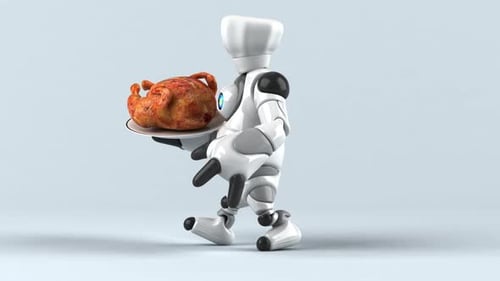 3D Animated Robot Chef Walking with Roasted Chicken on Platter