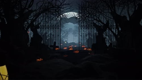 Animated Halloween Spooky Night Cemetery Fly-Through with Pumpkins