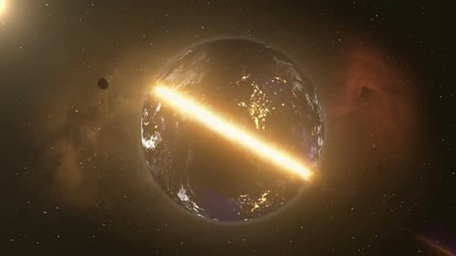 Cinematic Fiery Energy Beam Slices Through Earth in Space