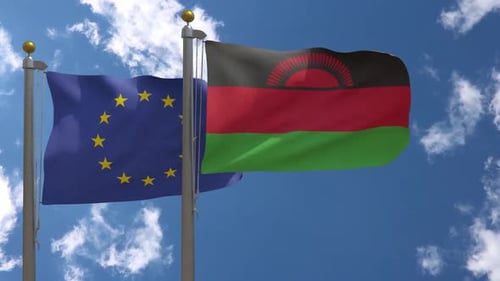 European Union and Malawi Flags Waving Under Blue Sky