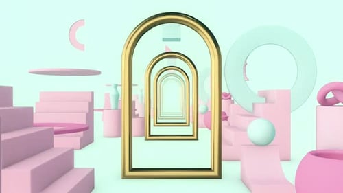 Infinite Tunnel of Golden Archways and Pastel Geometric Shapes Loop