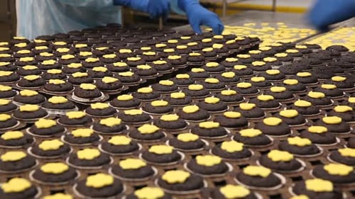 Cupcakes on Conveyor Belt in a Factory