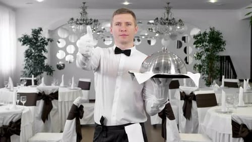 A Male Waiter in a White Shirt in the Restaurant Hall Shows a Raised Thumbs Up and Down
