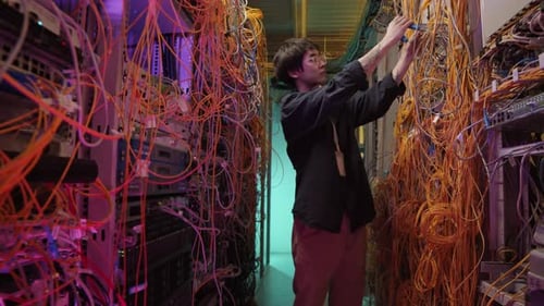 Technician Working Amid Servers and Cables