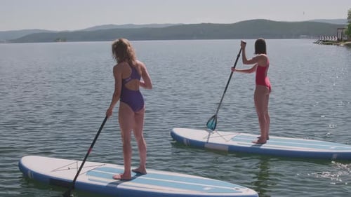 Young Women Paddle Boarding on a Beautiful Lake