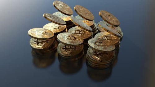 Golden Bitcoin Coins Falling and Stacking Animation