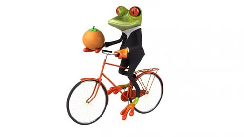3D Animated Frog in Suit Riding Bicycle with Orange