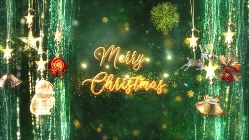 Golden Merry Christmas Text Reveal with Festive Decorations