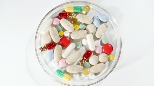 Assorted Colorful Pills and Capsules in Petri Dish