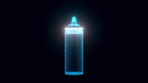 Holographic Digital Wireframe Bottle Rotating on Black