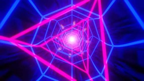 Fight Into Abstract Triangular Shaped Neon Perple Blue Technology Portal