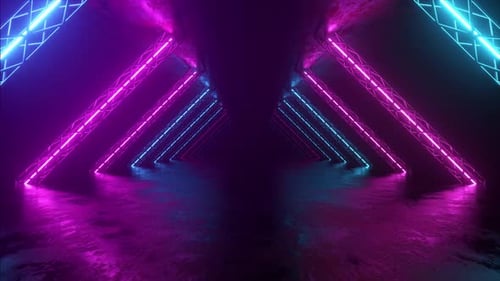 Abstract Neon Background Flying Forward Through the Corridor Glowing Pink Blue Lines Appear
