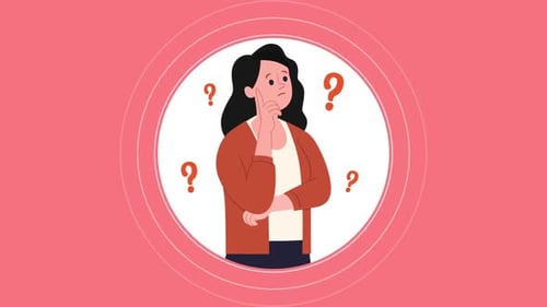 Animated Woman Thinking with Question Marks in Flat Design