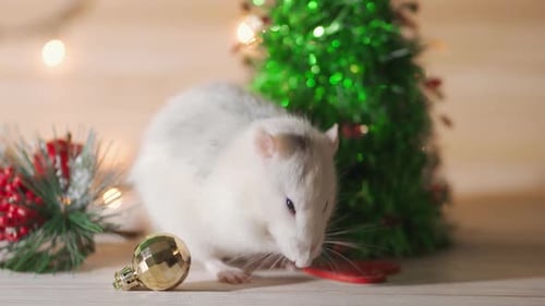 Charming White Rat Grooms Near Christmas Decorations