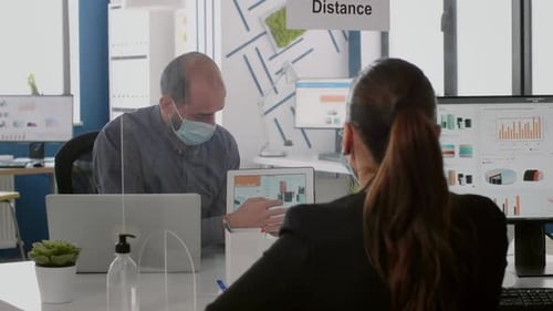 Corporate Office Workers in Tech Workplace with Masks