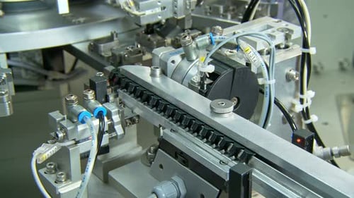 Plastic parts on a conveyor in an assembly machine