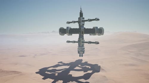 Alien Spaceship Rotate Over Desert. Ufo
