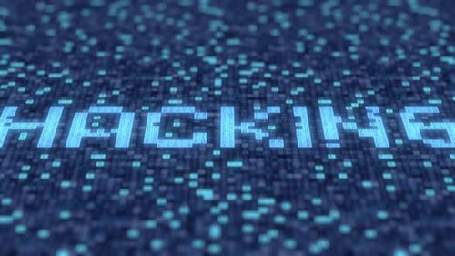 Símbolos hexadecimais em uma tela azul compõem a palavra HACKING