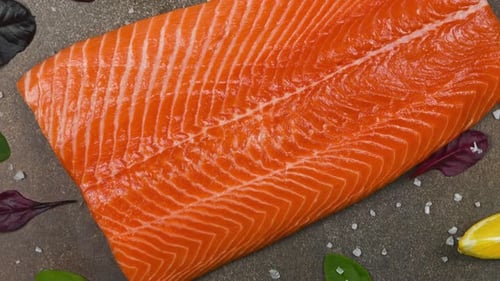Raw salmon fish fillet on table