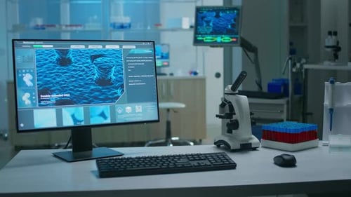Modern science laboratory with microscope and dna display