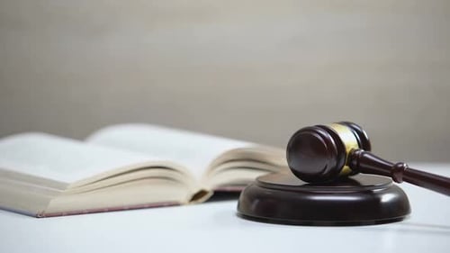 Book on Table, Gavel Striking on Sound Block, Government Constitution, Law Order