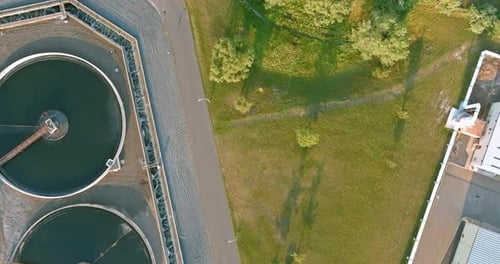Panoramic aerial view on sewage treatment facilities aeration water purification tanks