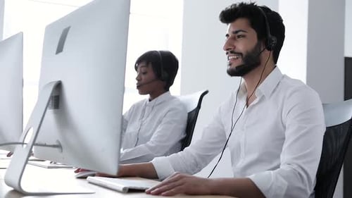 Call Center Operator. Man In Headset Working At Contact Center