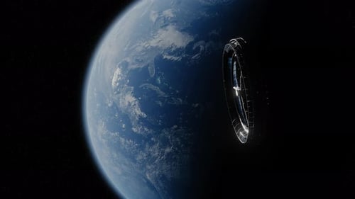 Atmósfera del globo terrestre. Estación espacial volando sobre el planeta Tierra.