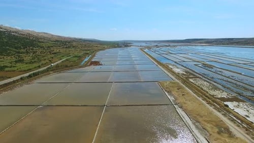 Flying above salt evaporation ponds on Pag island, Croatia