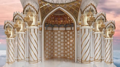 Elegant Golden Islamic Mosque Gate Entrance Animation with Sparkling Effects