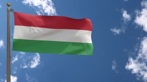 Waving Hungary Flag Against Blue Sky with Clouds