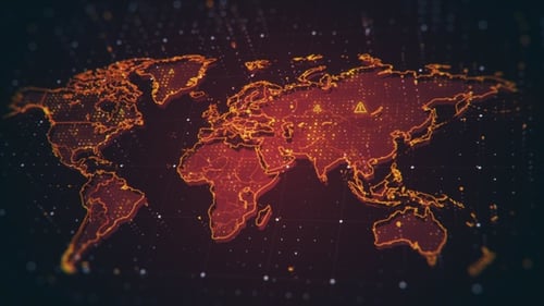 Futuristic Global Digital Map with Data Network and Warning Hotspots